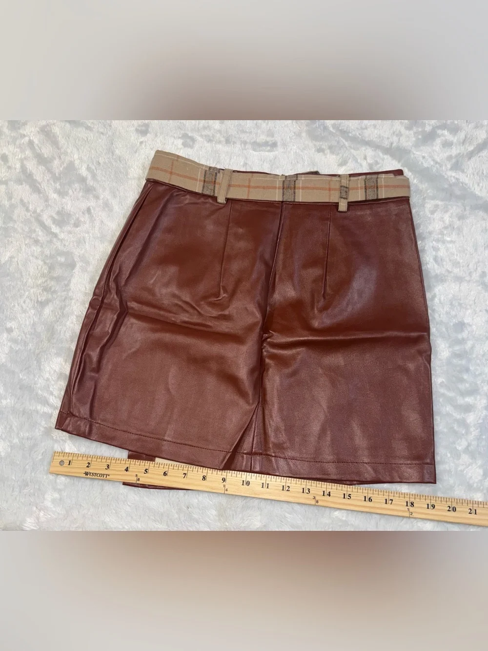Faux Leather Mini Skirt with Plaid Belt - Burgundy